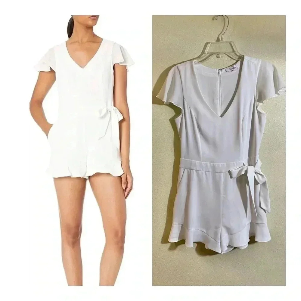 Parker Size 2 Catherine White V Neck Tie Side Daytime Romper Back Zip Pockets